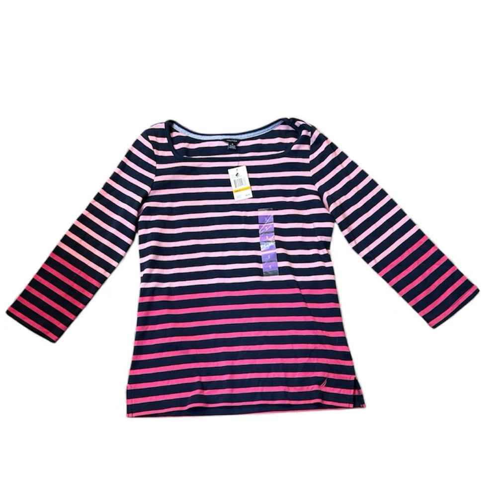Nautica Women's Striped Boatneck Top Long Sleeve- Pink and Navy‎ Size Small NWT